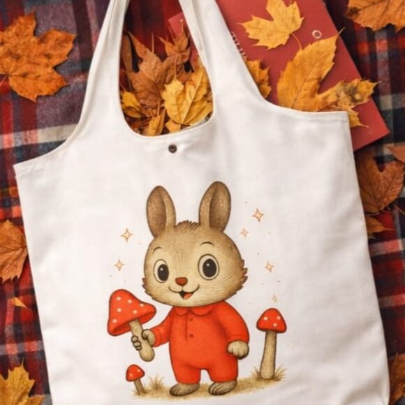 Bunny Mushroom Tote Bag, Reusable Cotton Canvas Shopping Bag - Picture 5 of 6